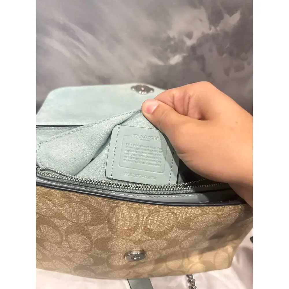 Coach Tammie Shoulder Bag in Signature Canvas Khaki Teal Chain Strap C6784